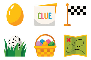 Detailed flat vector icons for games, showing basket, clue, map, representing easter egg hunt and spring celebration,