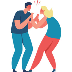 Couple Arguing Aggressively with Red Exclamation Marks Above Them Depicting Conflict and Disagreement in Flat Design Style