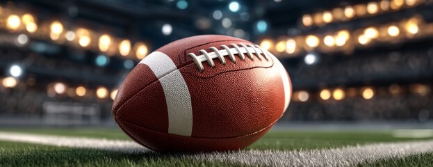 American football on the field in stadium under bright lights  