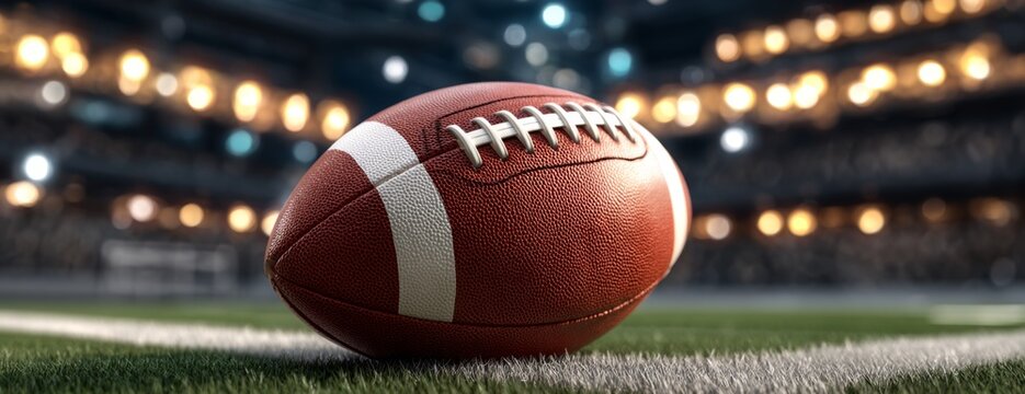 American football on the field in stadium under bright lights  