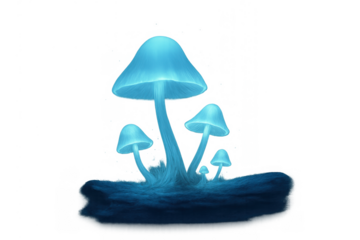 Bioluminescent mushrooms glowing blue light in dark fantasy forest, magic fungus growing on log transparent background