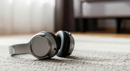 Silver wireless headphones resting on a carpet in a living room. Modern audio gadget for listening to music and podcasts. Relaxation and leisure concept with blurred background.
