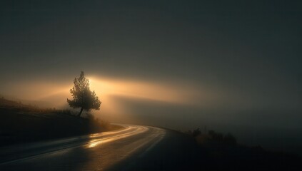 Lonely tree on a misty road at sunrise with sun rays