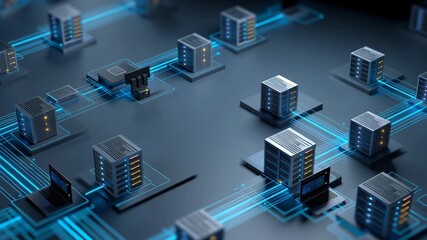 Futuristic data center with server racks and glowing network connections for technology enthusiasts - Powered by Adobe