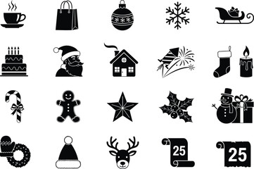 Christmas holiday icon set featuring Santa, ornaments, snowflakes, sleigh, stocking, candle, candy cane, gingerbread, wreath, tree, reindeer, fireworks and gifts