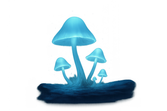 Bioluminescent mushrooms glowing blue light in dark fantasy forest, magic fungus growing on log transparent background - Powered by Adobe