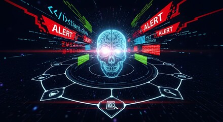 Digital Skull Artificial Intelligence Threat Detection System Showing Alert Messages with Cybersecurity and Hacking Concept Visualizations