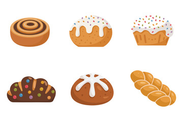 Flat vector icons for dessert, featuring cinnamon roll, muffins, braided loaf, representing holiday treats and sweets,