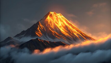 Fiery mountain peak illuminated by golden sunset light above clouds
