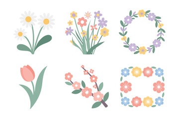 Flat color icons for garden, illustrating daisy, tulip, wreath, representing spring season and botanical elements,
