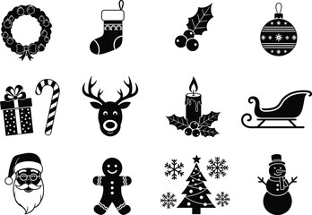 Christmas holiday icon set featuring wreath, stocking, holly, ornament, candle, sleigh, Santa, reindeer, gingerbread, tree, snowman and festive elements