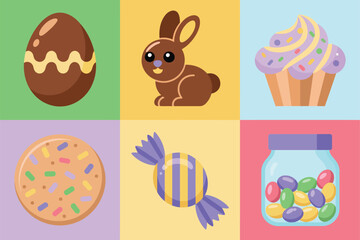 Flat color icons for holiday, illustrating cupcake, bunny, eggs, representing easter sweets and spring treats,