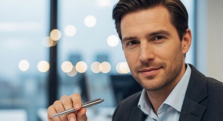 Modern office scene — confident businessman holding pen, close‑up of handsome executive, camera interaction