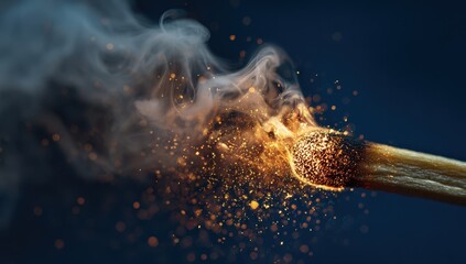 Burning matchstick with bright sparks and swirling smoke in the dark