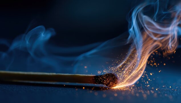 Closeup of a burning matchstick with sparks and smoke against dark background
