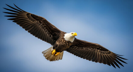 Naklejka premium Majestic bald eagle soaring powerfully through vibrant blue skies embodies freedom, strength, and American spirit for patriotic celebrations and national campaigns