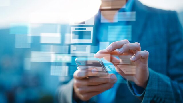 Person using smartphone with digital interface overlay for technology and communication concepts - Powered by Adobe