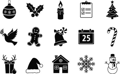 Christmas holiday icon set with ornaments, holly, candle, tree, gingerbread, bells, calendar, candy cane, Santa hat, reindeer, snowflake, snowman symbols