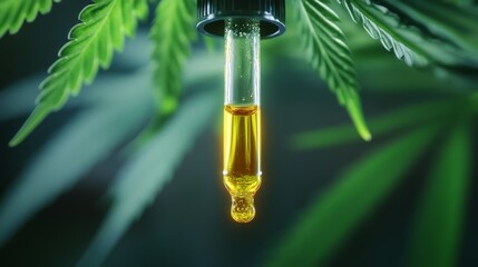 Amber glass dropper bottle of CBD oil with golden liquid droplet suspended above dark green cannabis leaf, detailed trichome texture visible, neutral background, pharmaceutical product photography