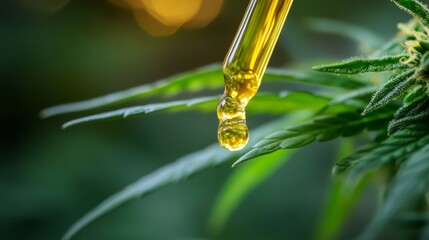 Crystal clear dropper releasing golden hemp extract onto serrated cannabis leaf, macro detail of oil droplet with surface tension, soft diffused lighting highlighting amber liquid, medicinal context