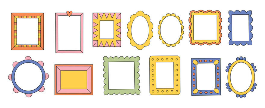 Doodle Photo Frame Vector Set &ndash; Hand-Drawn Vintage Borders, Cute Sketch Scrapbook Frames, Retro Square and Circle Picture Outlines, and Kids&rsquo; Style Line Decorations