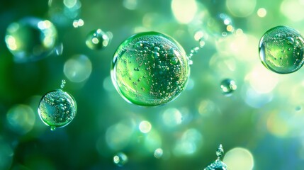 Macro photography of luminous emerald green serum droplets suspended in clear gel medium with perfect spherical bubbles floating throughout, backlit with ethereal glow highlighting translucent