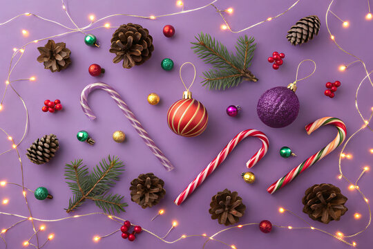 Flat lay of Christmas decorations ornaments, candy canes, pine cones, and fairy lights on purple background