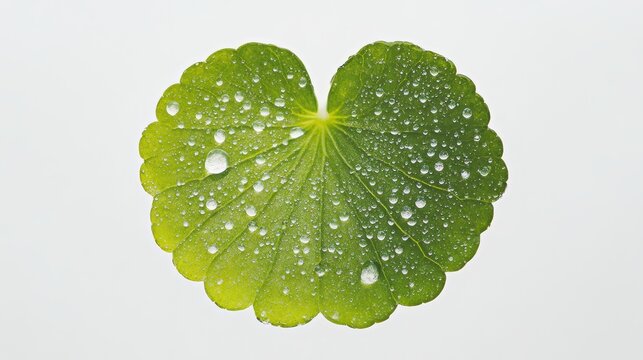 Hyper-detailed macro photograph of translucent Gotu kola essential oil globule containing pristine fresh Centella asiatica leaf, pure white infinity background, perfect symmetry, medicinal aesthetic