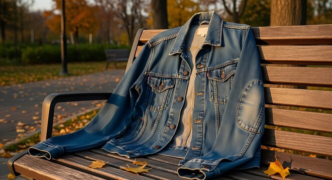 Denim Jacket on Park Bench in Autumn - A Stylish Outdoor Scene.