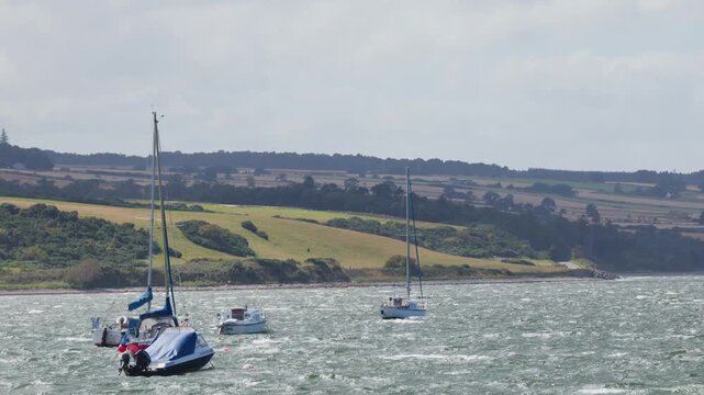 Sailboats Navigating Windy Cromarty Harbor on Cloudy Day
