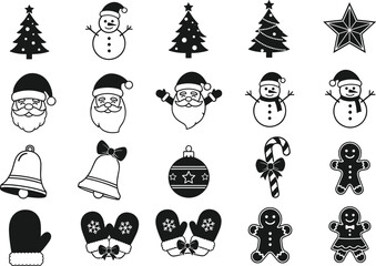 Christmas holiday icon set with trees, snowmen, Santa Claus faces, bells, ornaments, candy canes, mittens, gingerbread cookies, festive winter decoration symbols