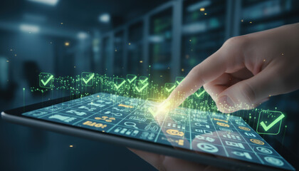 Data foundation quality. ai transformation business driven tablet interface with glowing checkmarks and futuristic holographic user interaction