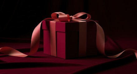 An elegant red gift box with a pink satin ribbon bow sits on a velvet surface against a dark background. Christmas Gift Box
