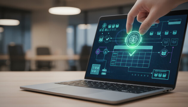 Data foundation quality. ai transformation business driven dashboard interface laptop with fingertip activating automation and analytical workflow