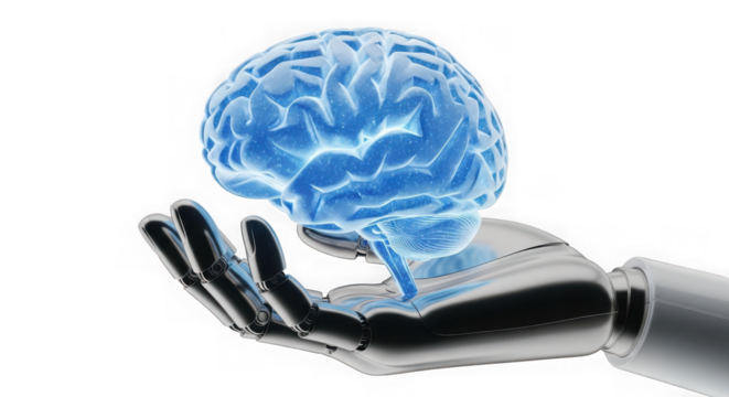 A robotic hand holding a glowing human brain