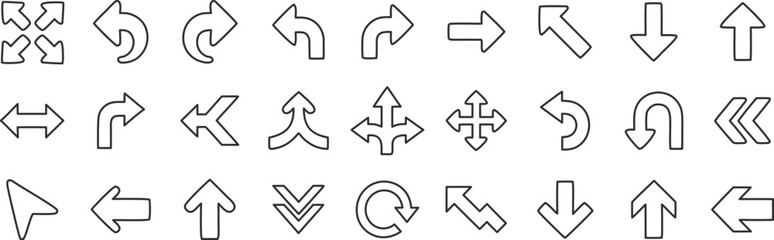 Outline arrow icon set collection showing different directions and rotations, minimal black line symbols for navigation, infographic, web interface, and graphic design use.