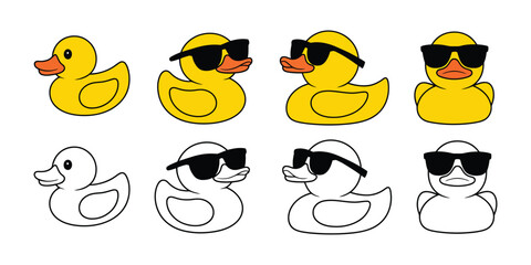 Rubber Duck Vector Icon &ndash; Cute Cartoon Duck with Sunglasses, Fun Doodle Bird Character, Farm Animal Illustration, and Playful Logo Design Element