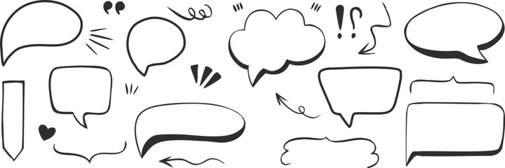 Hand drawn comic speech bubble set with clouds, rectangles, circles, and exclamation shapes for text, doodle dialogue callout collection for cartoon or pop art design elements.