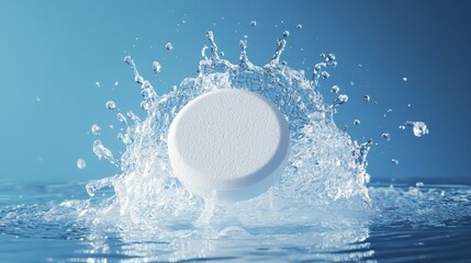 Pharmaceutical photography of circular white tablet captured at moment of impact with water surface, dramatic splash frozen in time, initial bubbling reaction beginning at edges, pristine laboratory