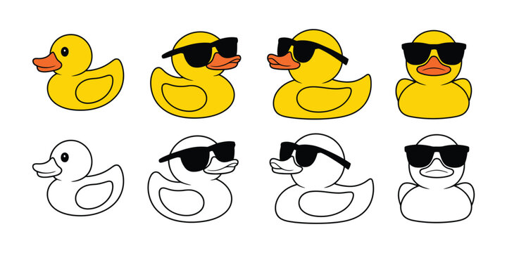 Rubber Duck Vector Icon &ndash; Cute Cartoon Duck with Sunglasses, Fun Doodle Bird Character, Farm Animal Illustration, and Playful Logo Design Element