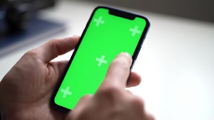 Closeup of a person holding a modern smartphone with a bright green screen ideal for chroma key compositing showcasing mobile technology and interactive digital content.