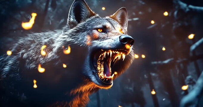 Fierce wolf howling amidst glowing embers in a dark forest setting, evoking a mystical atmosphere