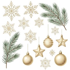 Fototapeta premium A beautifully illustrated collection of golden Christmas holiday decorations, including sparkling snowflakes, hanging baubles, stars, and evergreen fir branches