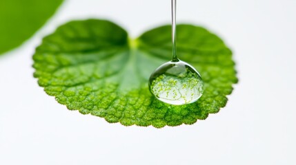 Single crystalline drop of emerald green Gotu kola essential oil suspended with fresh Centella asiatica leaf embedded inside, pure white background, ultra-detailed macro photography showing oil's