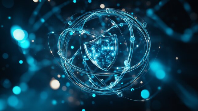 Rotating atomic model encircling silver omega-3 shield insignia, detailed molecular bonds of polyunsaturated fatty acids, glowing orbital paths, laboratory blue lighting, 3D scientific visualization