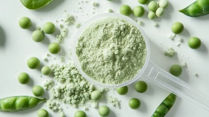 Close-up of textured pale green pea protein powder cascading from clear plastic scoop, surrounded by scattered organic pea pods and individual peas on pure white surface, overhead lighting, 8k detail