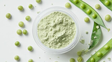 Close-up of textured pale green pea protein powder cascading from clear plastic scoop, surrounded by scattered organic pea pods and individual peas on pure white surface, overhead lighting, 8k detail