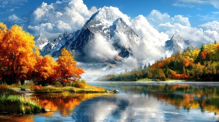 Fototapeta premium Autumnal Serenity Majestic Mountain Lake Reflection.