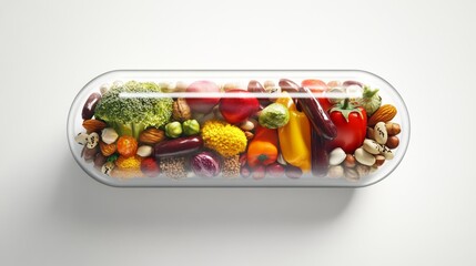 Transparent capsule shell containing vibrant array of miniaturized fresh vegetables, fruits, nuts and beans, 3D visualization against clean background, photorealistic detail showing ingredient