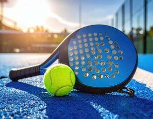 Padel ball and racket on blue court in bright sunlight